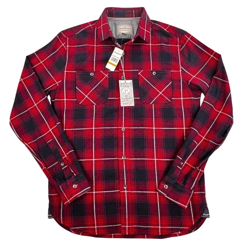 Flag & Anthem Plaid Flannel Shirt Men's SMALL Red Navy Blue Cotton HO19WS232 NWT
